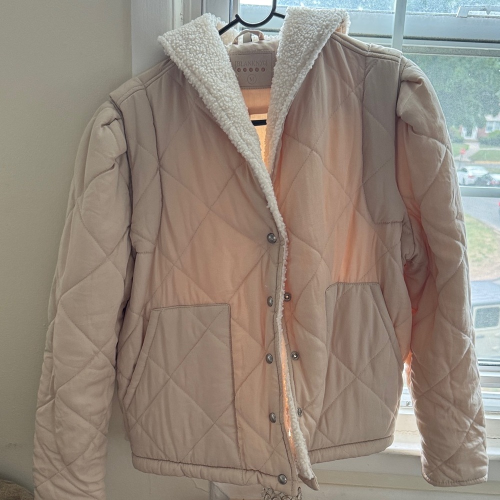 Blank NYC Beige Quilted Puffer Jacket with Sherpa Lining